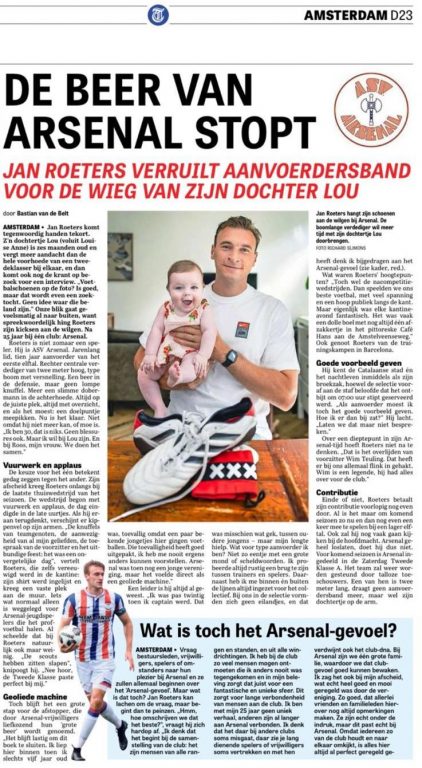 Jan Roeters - “De Beer van Arsenal Stopt” (artikel Telegraaf)